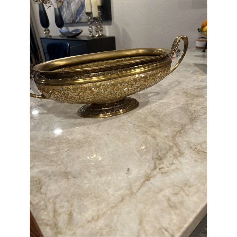 Vintage Mosaic Bowl W/ Ornate Metal Holder Oblong Large Gold Hand Made Heavy